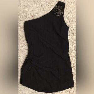 LIAKES black cold one shoulder gold silk top blouse shirt 2 Small S